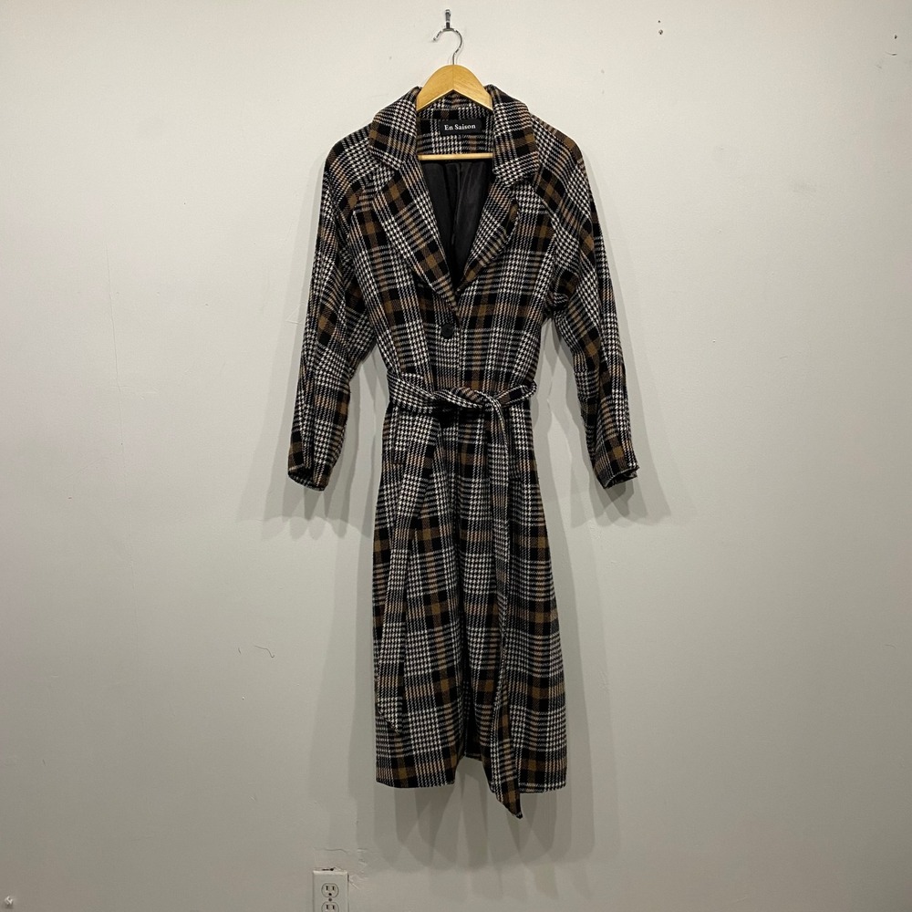 En Saison Brown Plaid Longline Trench Coat Belted Overcoat Womens Small